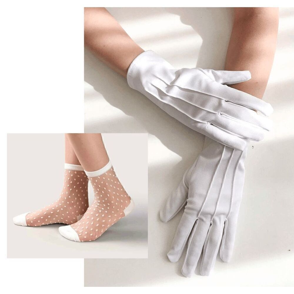 🤍 2PCS Pinup Retro Vintage Classy 1950s White Gloves Socks Accessories Set NEW